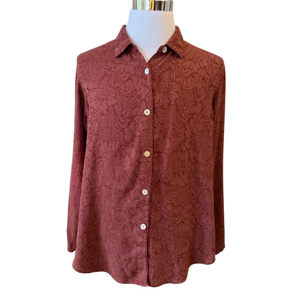 Russ Berens Button Down Shirt Women's XL Red Paisley Jacquard Tencel Made in USA